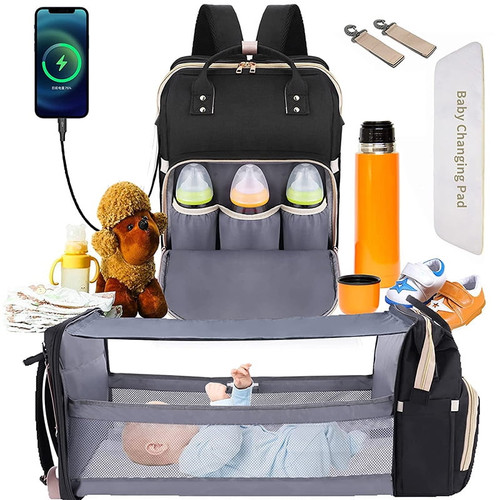 Waterproof Diaper Bag Backpack Detachable Bed For Baby Toddler, Nappy Bag Changing Station Foldable Crib/shade Cloth/mattress/usb Charging Port,black/green/gray
