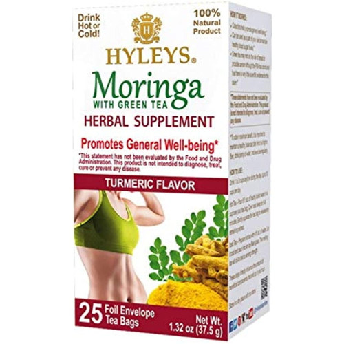 Hyleys Wellness Moringa Oleifera With Green Tea Turmeric Flavor - 25 Tea Bags - (100% Natural, Sugar Free, Gluten Free And Non-gmo), 1.32 Ounce (pack Of 1)