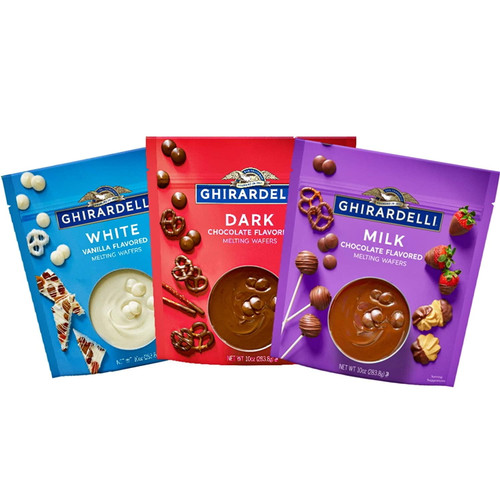 Ghirardelli Melting Chocolate Wafers Baking Variety Pack With Dark White Milk Chocolates For Baked Goods, Fondue And Candy Dipping, Set Of 3, 10 Ounce