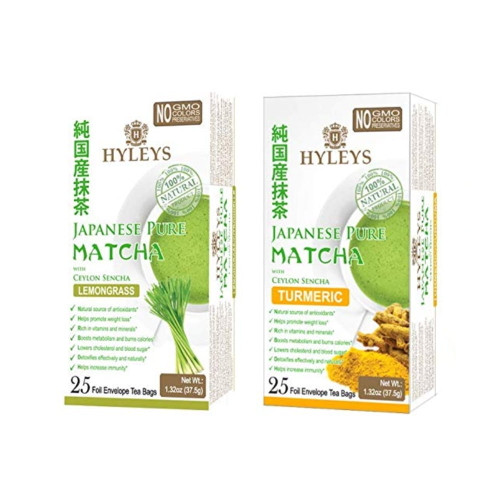 Hyleys 100% Natural Japanese Pure Matcha Turmeric & Matcha Lemongrass Teas, 25 Teabags Each