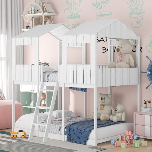 Jins & Vico Full Over Full Bunk Bed, House Bunk Beds With Dual Roofs, Full-length Guardrails And Ladder, Space Saving Wood Loft Bed Frame For Boys Girls Bedroom, No Box Spring Needed, White