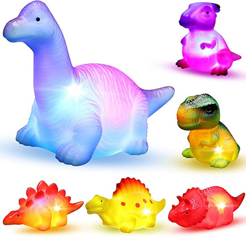 6 Packs Dinosaur Bath Toys Set With Flashing Color Changing Lights In Water, Floating Rubber Baby Bathtub Toys For Girls Boys Shower Bath Pool Toy