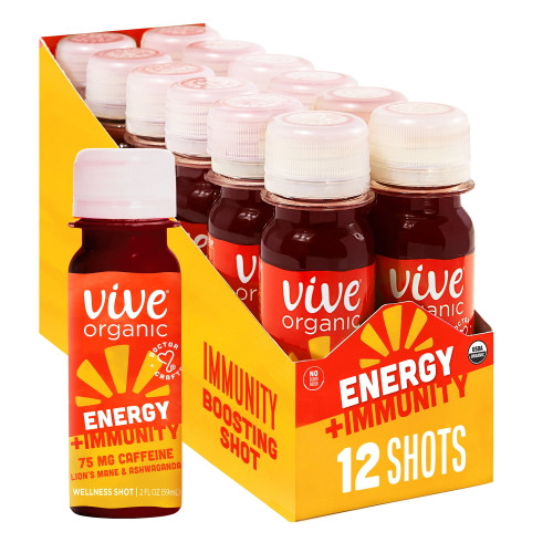 Vive Organic Energy + Immunity - Dual Boost Shot (2oz, 12 Count) Daily Immune System Support - 2-in-1 Wellness & Energy Shot - All-natural Caffeine, Green Tea, Ashwagandha, Lion's Mane