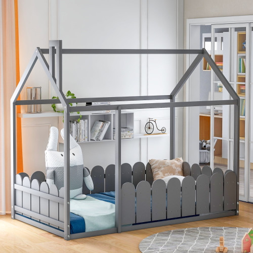 Twin Size House Bed For Kids, Joybuy Toddler House Bed With Roof And Fence, Pine Wood Bed With Full-length Guardrail For Teens Girls Boys, No Slat And Box Spring Needed, Easy Assembly
