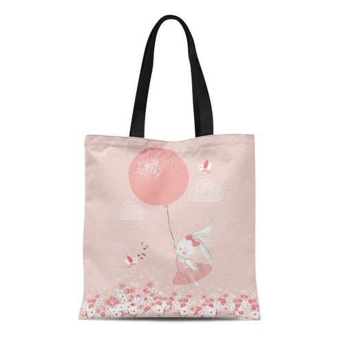Sidonku Canvas Tote Bag Rabbit Girl Balloon Kid Baby Graphic Doodle Nursery Durable Reusable Shopping Shoulder Grocery Bag