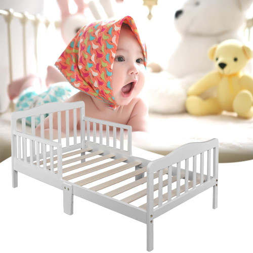 Aousin Wooden Baby Toddler Bed Bedroom Furniture With Safety Guardrails White