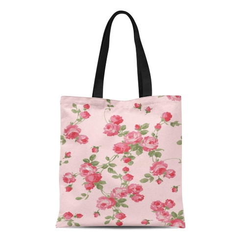 Laddke Canvas Tote Bag Pink Floral Of Small Roses Baby Blossom Botany Bouquet Durable Reusable Shopping Shoulder Grocery Bag