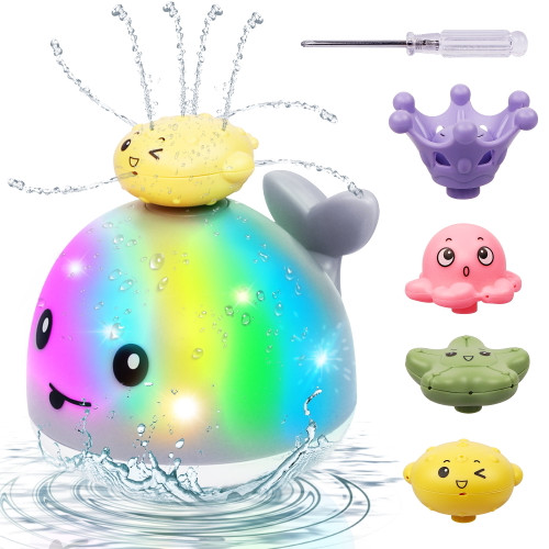 Hoperock Gray Whale Baby Bath Toys For Kids, Sprinkler Bathtub Toys 4 Water Spraying Modes Light Up For Toddlers Boys Girls 6 Months Up
