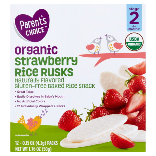Parent's Choice Organic Strawberry Rice Rusks Baby Snack, 0.15 Oz Box, 12 Pack