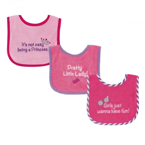 Luvable Friends Baby Girl Cotton Terry Drooler Bibs With Peva Back 3pk, Pretty, One Size