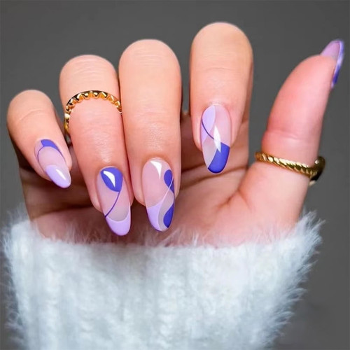 Fofosbeauty 24pcs Press On False Nail Tips Medium Almond Full Cover Fake Nails, Almond Blue And Light Purple Art-black Friday Sale