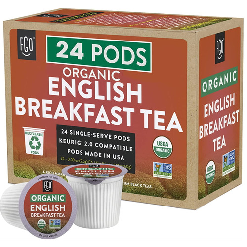 Organic English Breakfast Tea K-cup Pods, 24 Pods By Fgo - Keurig Compatible - Naturally Occurring Caffeine, Premium English Breakfast Black Tea Is Usda Organic, Non-gmo, & Recyclable