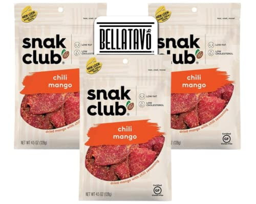 Chili Mango Bundle. Includes Three-4.5 Oz Bags Of Snak Club Chili Mango Plus A Bellatavo Fridge Magnet! These Dried Mango Slices With Chili Are Fat Free And Nut Free Treat!
