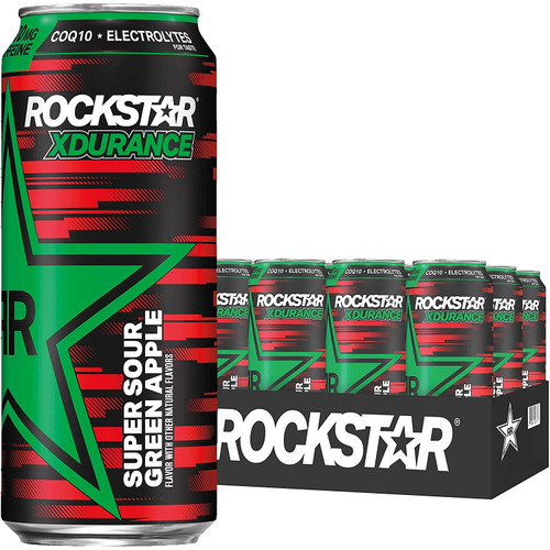 Rockstar Energy Drink Super Green Sugar Coq10 And Electrolytes 16oz Cans Pack Packaging May Vary, Xdurance Sour Apple, 12 Count
