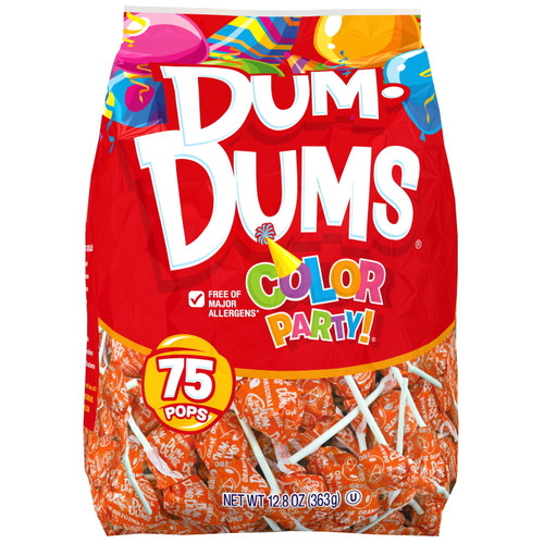 Dum Dums Color Party Lollipops, Orange, Orange Flavor, 12.8 Oz, 75 Count Bag