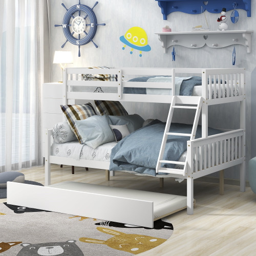 Ikayaa Twin Over Full Bunk With Trundle, Solid Pine Wood Trundle Bed Frame With Safety Rail And Ladder, Kids/teens/adults Bedroom, Guest Room Furniture, Can Be Converted Into 2 Beds,white