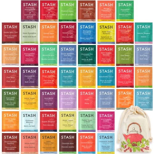 Stash Tea Bags Variety Pack - Caffeinated, Herbal And Decaf Assorted Teas - Tea Sets For Women And Men - 50 Ct, 50 Different Flavors - 100% Handmade Cotton Pouch Included
