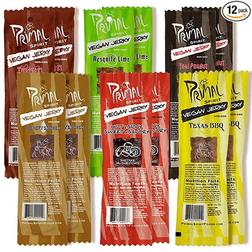 Primal Spirit Vegan Jerky - Our Sampler Pack, 10g. Plant Based Protein, Certified Non-gmo ("the Classics" Thai Peanut, Mesquite Lime, Teriyaki, Hot & Spicy, Hickory Smoked, & Texas Bbq, 12-pack, 1