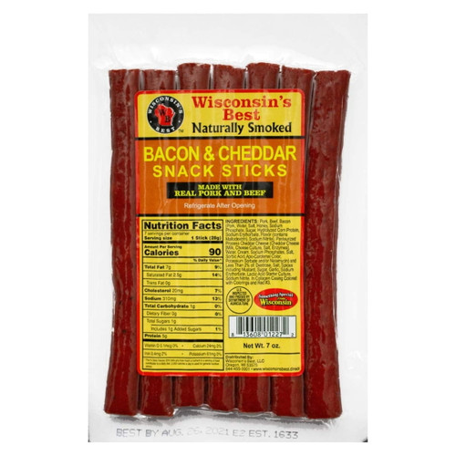Wisconsin's Best Bacon & Cheddar Snack Sticks, 7oz, 1 Ct, Shelf Stable, Keto Friendly, High In Protein, Low Sugars, Low Carb Snacks, Made With Real Wisconsin Cheese