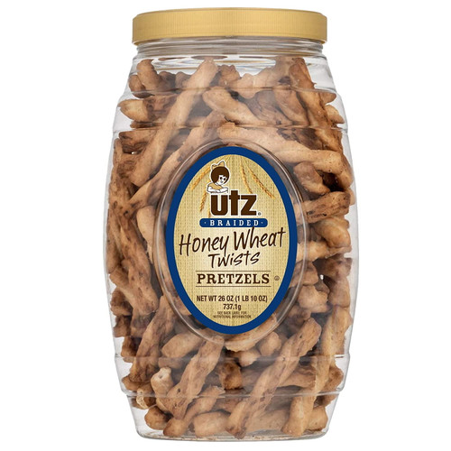 Utz Honey Wheat Braided Pretzel Twists – 26 Oz Barrel – Sweet Honey Taste, Thick, Crunchy Pretzel Twists, Perfect For Dipping And Snacks, Zero Cholesterol Snack Food Package May Vary