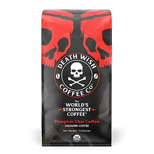 Death Wish Coffee Organic Pumpkin Spice Dark Roast Coffee Grounds [12 Oz.] The World's Strongest, Fair Trade, Arabica, Robusta, Chai, Cardamom, Cinnamon, And Ginger Infused Spices