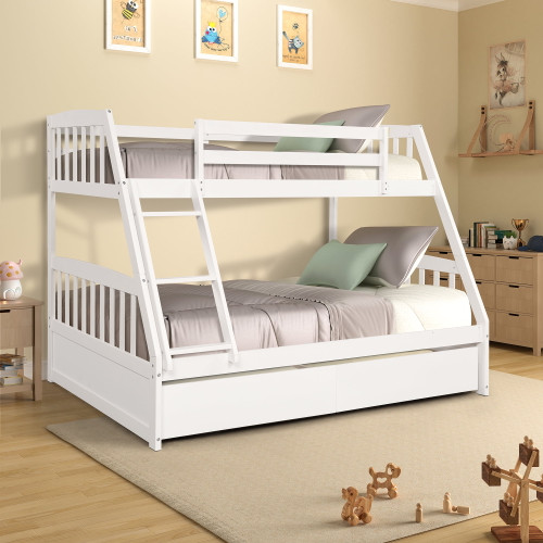 Twin Over Full Bunk Bed With Trundle,wood Bunk Bed,kids Bunk Bed Frame With Twin Size Trundle And Guard Rail Ladder,convertible To 2 Twin Size Platform Bed,trundle Bed For Bedroom Girls Boys