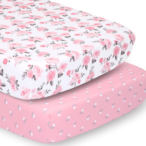 The Peanutshell Fitted Crib Sheet Set For Baby Girls, Pink Roses, Ditsy Floral, 2 Pack Set