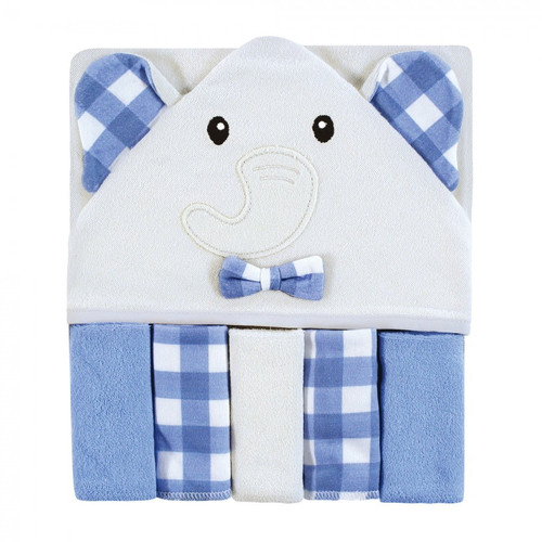 Hudson Baby Infant Boy Hooded Towel And Five Washcloths, Gingham Elephant, One Size