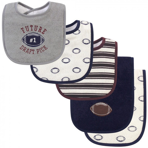 Hudson Baby Infant Boy Cotton Terry Bib And Burp Cloth Set 5pk, Football, One Size