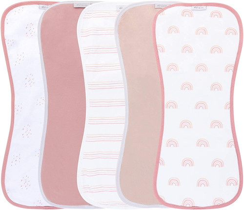 Ely's & Co. Hourglass Shape Fleece Burp Cloths 5-piece Set - 100% Jersey Knit Cotton With Extra Absorbent Fleece Inner-layer For Baby Girl (pink Rainbow Combo)