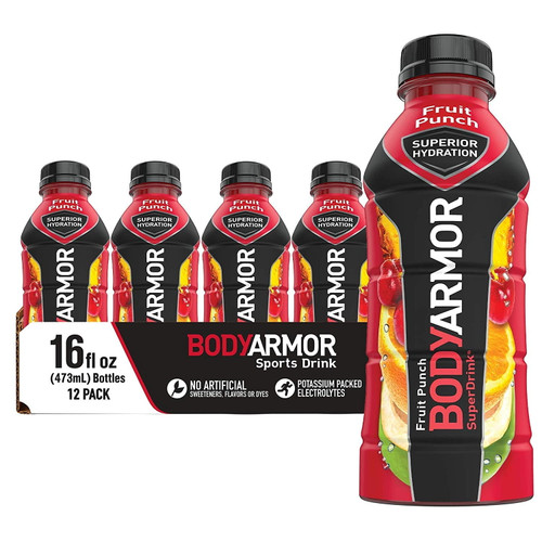 Bodyarmor Sports Drink Sports Beverage, Fruit Punch, Natural Flavors With Vitamins, Potassium-packed Electrolytes, No Preservatives, Perfect For Athletes, 16 Fl Oz (pack Of 12)