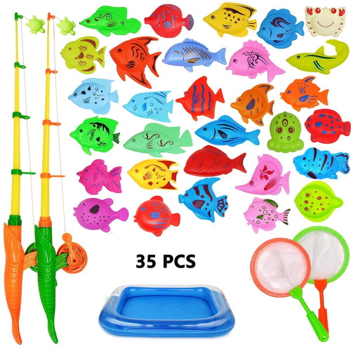 35 Pcs Magnetic Fishing Pool Toys Game For Kids - Water Table Bathtub Kiddie Party Toy With Pole Rod Net Plastic Floating Fish Toddler Random Color Ocean Sea Animals, Age 3 4 5 6 Year Old
