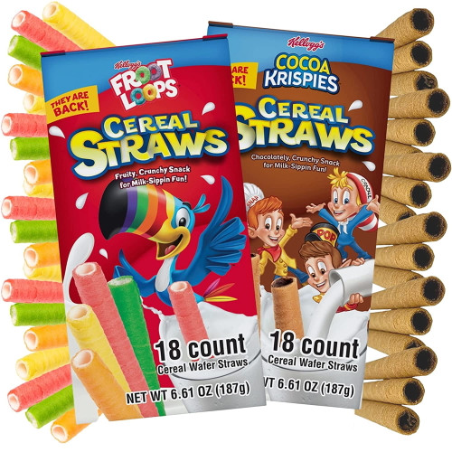 Kellogg's Cereal Straws, Froot Loops And Cocoa Krispies Edible Breakfast Straw Alternatives For Milk, 90's Childhood Nostalgic Treat For Drinking And Eating, Cereals For Kids, 1 Of Each, 18 Count