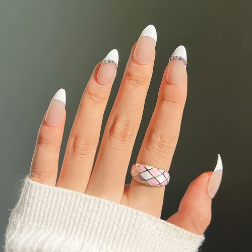 Fofosbeauty 24pcs Press On False Nails Tips, Almond Fake Nails, French Slight Stones