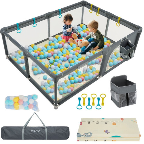 Heao Baby Playpen, Kids Large Playard With 30pcs Pit Balls, Indoor & Outdoor Kids Activity Center, Infant Safety Gates With Breathable Mesh, Children's Fences Portable With Crawling Mat, Dark Grey