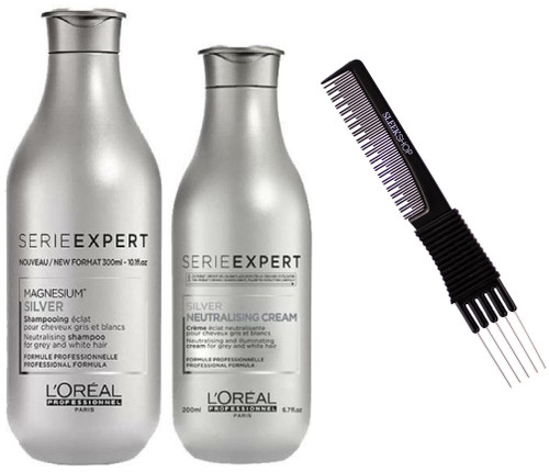 Loreal Serie Expert Magnesium Silver Shampoo & Silver Neutralizing Cream Conditioner Creme Duo Set (w/ Sleek Teasing Comb) (10.1 Oz + 6.7 Oz) L'oreal Hair Kit Set