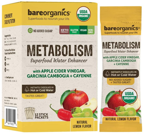 Bareorganics Metabolism Blend Superfood Water Enhancer Natural Lemon 12 Stick Packets Pack Of 4