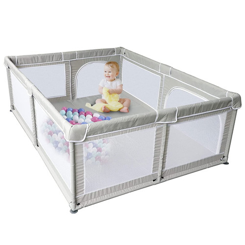 Baby Playpen , Large Baby Playard, Playpen For Babies With Gate Indoor & Outdoor Kids Activity Center , Sturdy Safety Play Yard With Soft Breathable Mesh, Grey