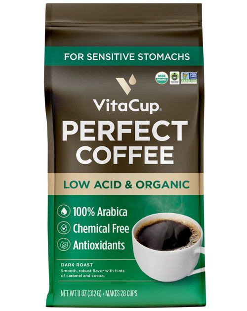 Vitacup Perfect Low Acid Coffee Ground, Usda Organic & Fair Trade, Mycotoxin Free, Dark Roast Guatemala Single Origin, Clean & Pure For Drip Coffee Brewers And French Press, 11 Ounces