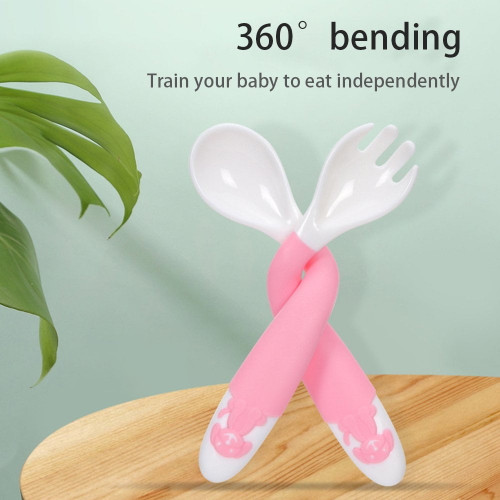 Eimeli Baby Spoons Forks With Travel Safe Case For Babies, Feeding Training Spoon Easy Grip Bendable, Perfect Self Feeding Learning Stand Spoons Forks Pink