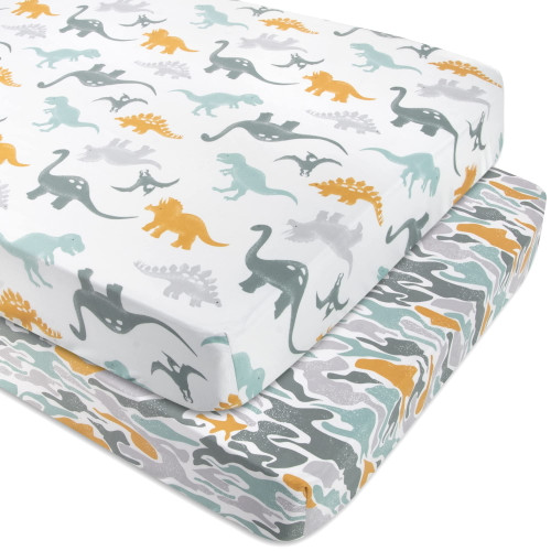 Baby Essential, Standard Microfiber Fitted  2 Pack, 28x52 Crib Sheets For Baby Girl, Baby Boy, And Neutral - Dinos & Camo