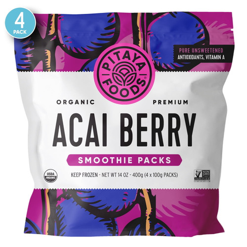 Pitaya Foods Frozen Organic Unsweetened Acai Fruit Smoothie Mix Packs, 14oz, 4pk