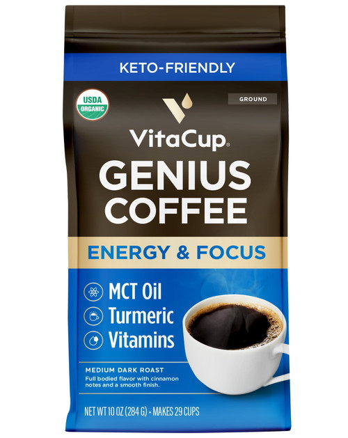 Organic Fair Trade Genius Keto Ground Coffee By Vitacup With Mct Oil, Turmeric, & B & D Vitamins For Energy & Focus, Drip Coffee Brewers And French Press,10 Ounces