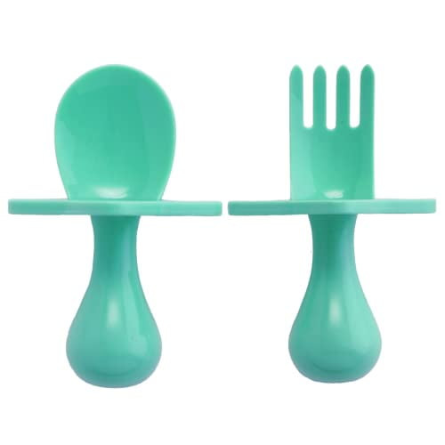 Nooli First Self-feeding Utensils: Usa-made, Bpa-free Spoon & Fork Set For Babies & Toddlers Ages 6+ Months, Anti-choke Shield, Easy-grip Handle For Baby-led Weaning & Independent Eating (mint Green)
