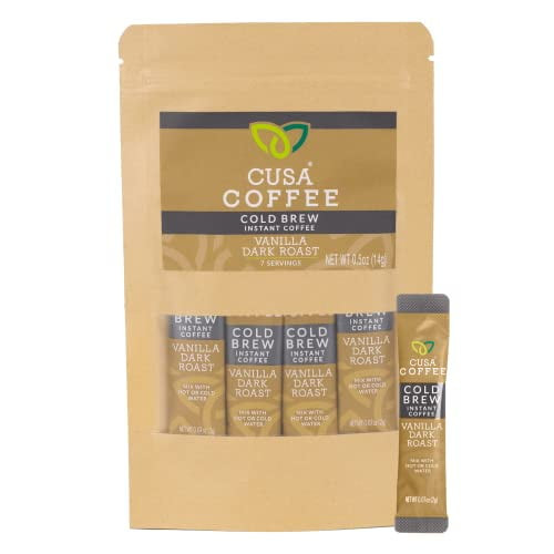 Cusa Tea & Coffee, Vanilla Dark Roast Cold Brew. Premium Instant Coffee, Rainforest Alliance Certified Arabica Beans. Drink Mix Packets Ready In Seconds, Makes Hot Or Iced Coffee (7 Servings