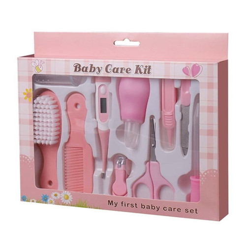 10pcs Baby Healthcare And Grooming Kit Set Convenient Daily Baby Nail Clipper Scissors Hair Brush Comb Manicure Care Kit(pink)
