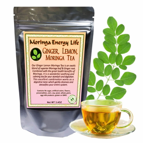 Moringa Tea Organic In Loose Leaf Plus Ginger And Lemon, Delicious Tea Leaves With 93 Vitamins And Nutrients, Natural Ingredients.