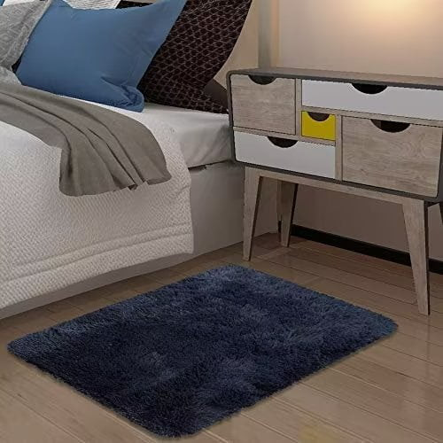 Glowsol Fluffy Area Rugs For Living Room 2'x3' Modern Plush And Thick Faux Fur Shag Rug Non-slip Carpet For Bedroom, Fuzzy Shaggy Floor Mat, Dark Navy Blue