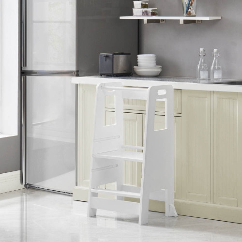 Yoma Kids Wooden Kitchen Step Stool With Safety Guardrail, Adjustable Platform Standing Tower, Toddler Step Stool For Bathroom, Cooking Helper, White, Age 1+