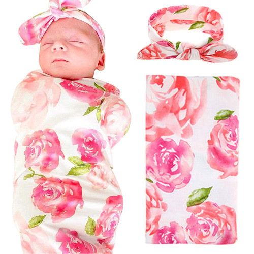 Juslike Newborn Soft Floral Wrap Receiving Blankets Baby Swaddle Blanket And Headbands Set For Baby Girl